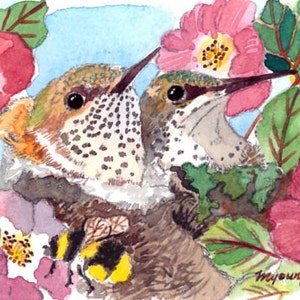 May include: Watercolor painting of two hummingbirds with a bumblebee, surrounded by pink flowers and green leaves. The birds have brown, green, and white feathers. The artwork is signed in the bottom right corner.