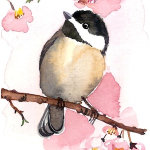 May include: A watercolor painting of a small bird perched on a branch with pink blossoms. The bird is brown and black with a white belly. The blossoms are pink with yellow centers. The painting is signed "Myounghwa" in the bottom left corner.
