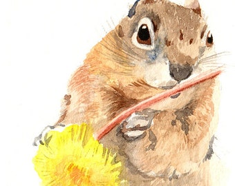 ACEO Limited Edition 5/25 -Ah spring, Art print of watercolor painting by Anna Lee, Squirrel, Gift idea for animal lovers, Funny animal