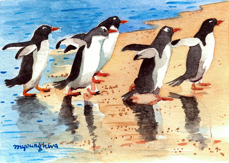 Penguin art print of a watercolor ACEO Limited Edition-We are together