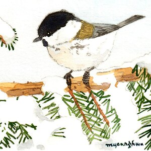 ACEO Limited Edition 2/25- Uccello carino seduto su un ramo coperto di neve, Chickadee, stampa ACEO, regalo di Natale per l'amante degli uccelli