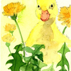 May include: Watercolor painting of a yellow duckling with a pink beak, surrounded by green leaves and yellow dandelions. The artwork has a soft, painterly style with a light yellow background. The artist's signature is in the bottom right corner.