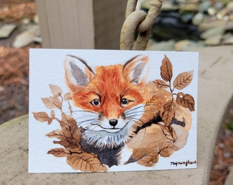 ACEO Original painting watercolor - Red fox, Cute animal art, Gift for animal lovers, Miniature painting, Home decor idea