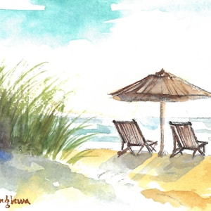 May include: Watercolor painting of a beach scene with two wooden beach chairs under a brown umbrella. Green grass and blue water are visible. The sky is light blue with white clouds. The sand is yellow.