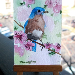 ACEO Limited Edition 10/25 Bluebird of spring,Bird art print of an ACEO original watercolor painting by Anna Lee, Gift idea for bird lovers image 1