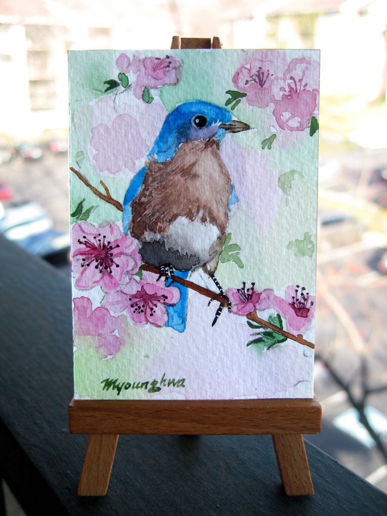 ACEO Limited Edition 10/25 Bluebird of spring,Bird art print of an ACEO original watercolor painting by Anna Lee, Gift idea for bird lovers image 1