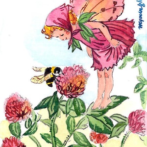 May include: Watercolor illustration of a fairy in a pink dress and butterfly wings, observing a bumblebee on a red clover flower. The fairy has blonde hair and is surrounded by green leaves and more clover blossoms.