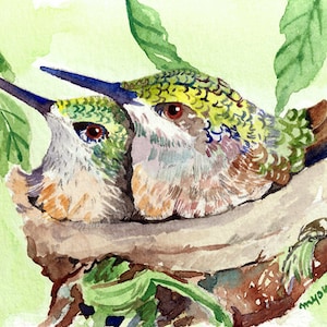 May include: Watercolor painting of two hummingbirds perched on a branch. The birds are green, brown, and yellow with red eyes. The background is a light green with green leaves.