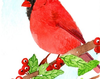 ACEO Limited Edition 1/50, Cardinal and berries, Bird lovers, Gift for nature lovers, For her, Bird watercolor