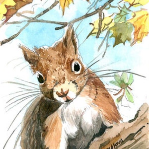 Könnte beinhalten: Ein Aquarellbild eines roten Eichhörnchens, das auf einem Baumstamm sitzt, mit Herbstblättern im Hintergrund. Das Eichhörnchen schaut den Betrachter mit einem neugierigen Ausdruck an.