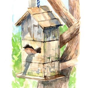 May include: Watercolor painting of a birdhouse with a small bird perched on it. The birdhouse is made of weathered wood and is attached to a tree branch. The painting has a soft, natural color palette with green foliage in the background.