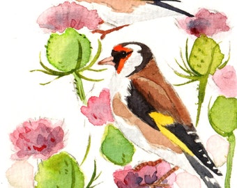 ACEO Original painting watercolor - American goldfinches in thistles, Gift for bird lover, Miniature painting, Home decor idea