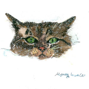 May include: Watercolor painting of a brown tabby cat with green eyes. The cat's face is the focus of the painting, and it is looking directly at the viewer. The background is white.