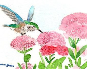 ACEO Limited Edition 1/50, Anna's summer garden, Hummingbird, Bird art by Anna Lee,Gift for bird lover