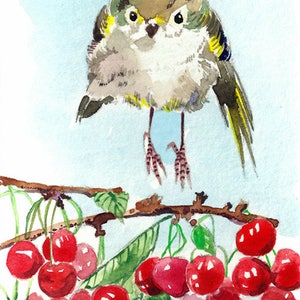 May include: Watercolor painting of a bird perched above a branch of cherries. The bird has a red head, brown and gray feathers, and yellow accents. The cherries are bright red, and the background is a light blue.