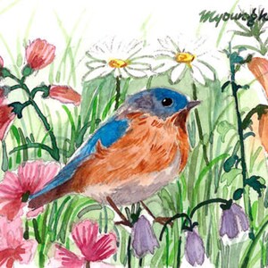 May include: Watercolor painting of a bluebird perched among colorful wildflowers. The bird has blue, orange, and white feathers. Pink, white, and purple flowers surround the bird in a grassy setting. The artist's signature, "Myounghwa", is in the upper right corner.