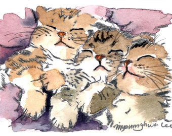 ACEO Limited Edition 14/25- Quiet Kittens, Art print of original watercolor painting, Housewarming gift idea, 2.5x3.5 inches art print
