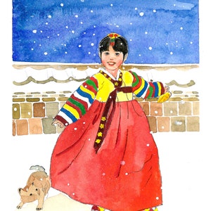 KUNSTDRUCK - "Neujahrsgruß" , Kunstdruck von einer Original Aquarellkarte, Neujahrsgrußkarte, koreanische traditionelle Tracht."