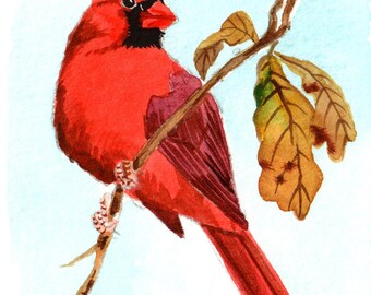 ACEO Limited Edition 1/50, Autumn cardinal, Red bird in fall, House décor idea, Gift for Bird lovers, Gift for nature lovers, For her