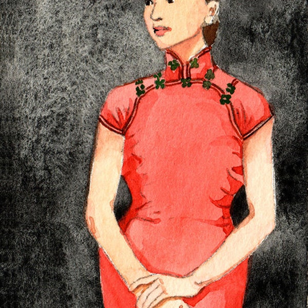 ACEO Limited Edition 3/25, Portrait of Anna May wearing Cheongsam, Chinese costume, Girl illustration, National traditional dress