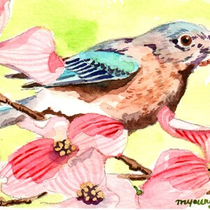 May include: A watercolor painting of a bluebird with a worm in its beak, perched on a branch with pink dogwood blossoms.