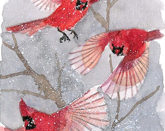 ACEO Limited Edition 21/25- Flying cardinals,Winter bird art print of an original watercolor miniature painting by Anna Lee, Winter cardinal