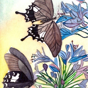 May include: Watercolor painting of two butterflies with brown and black wings, hovering near blue and purple flowers. The artwork has a soft, painterly style with a yellow and light green background.