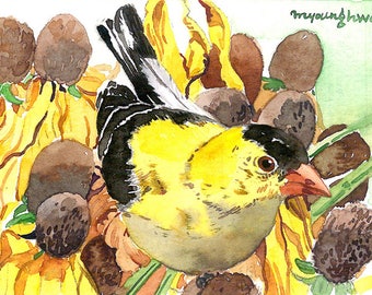 ACEO Limited Edition 2/25- Summer goldfinch, Cute bird art print of an original watercolor, Gift for bird lovers