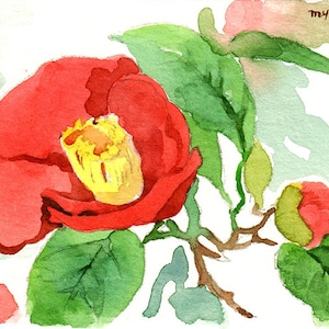May include: Watercolor painting of a vibrant red camellia flower with a yellow center, surrounded by green leaves and a brown stem. The artwork has a soft, painterly style, with visible brushstrokes and a light background. The artist's signature is in the upper right corner.
