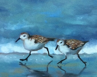 Summer shorebirds Sandpipers running on sea shore 5x7, 8x10, 9x12 Art print of original oil painting Beach house Gift for housewarming party
