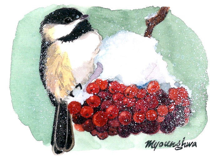 ACEO Limited Edition-Chickadee in falling snow Art print,Gift for her 