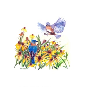 May include: Watercolor painting of two bluebirds among yellow and brown flowers. One bird is perched, while the other is in flight with outstretched wings. The artwork has a soft, natural feel, with the artist's signature in the lower left corner.
