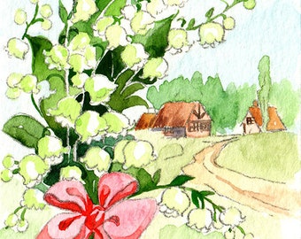 ACEO Limited Edition 2/25, Returning to a rural village, Lily of the valley watercolor,Flower in spring,Gift for nature lovers, Gift for her