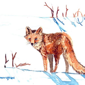 ACEO Edition Limitée 2/25 -Un renard dans les champs de neige, Renard roux miniature, Carte d’art d’une aquarelle originale ACEO, Cadeau pour les amoureux des animaux