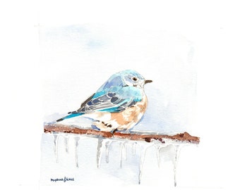 Original watercolor painting, Bluebird resting on an icy branch, 5x7 inches, Gift for bird lovers, Bird art by Anna Lee, Gift for her