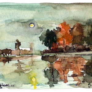 ACEO Édition Limitée 24/25, Journée nuageuse en novembre, Carte d'art d'une aquarelle originale ACEO, Paysage, Idée cadeau pour une pendaison de crémaillère