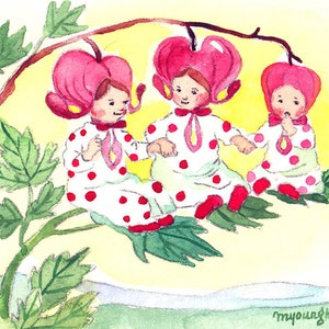 ACEO Limited Edition 1/50-Bleeding heart babies inspiré par Ida Bohatta, Carte d'art d'une aquarelle originale de 2,5x3,5 pouces, Fée des fleurs