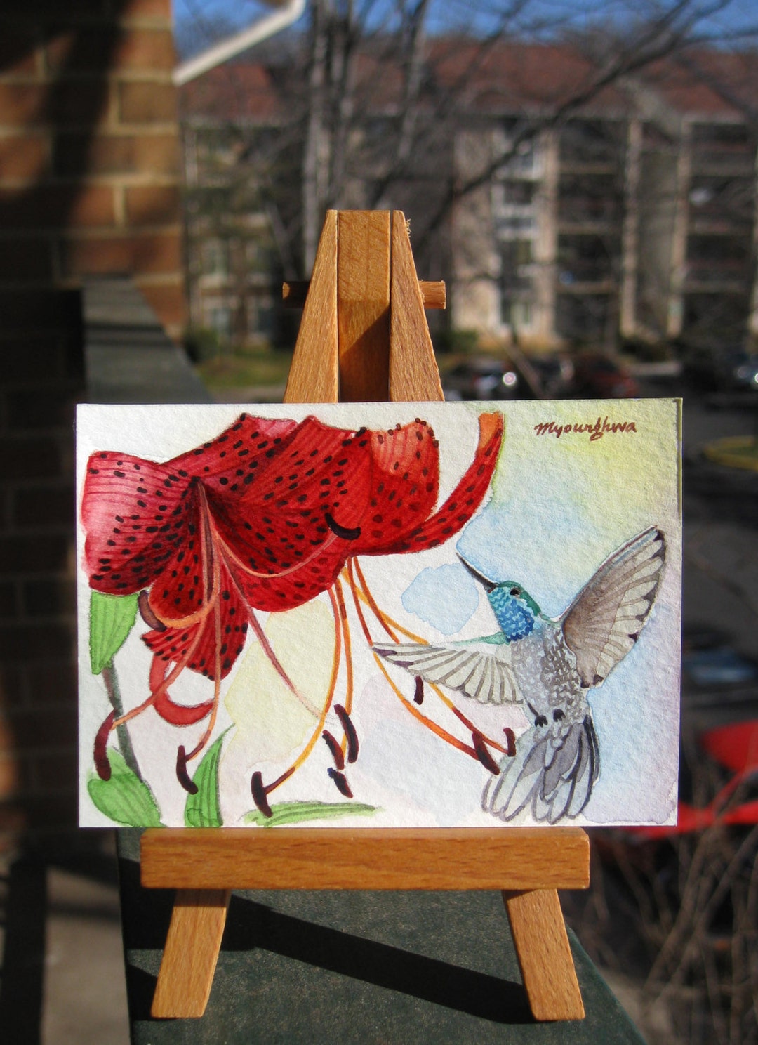 ACEO 限定版 - 水彩画「ハチドリ vs タイガーリリー」 - Etsy 日本