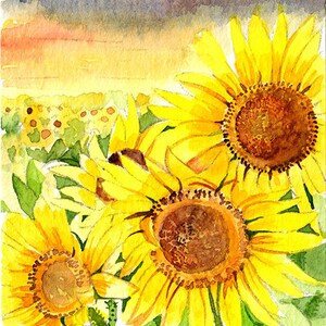 ACEO Limited Edition 14/25- Een veld zonnebloem bij zonsondergang, Bloem schilderij, Kunstkaart van originele aquarel door Anna Lee, Housewarming cadeau
