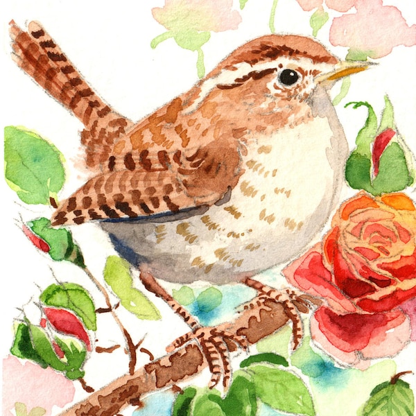 ACEO Limited Edition 3/50 - Wren in aunt's rose garden, Spring bird, Gift for bird lovers, Miniature painting, Home decor idea