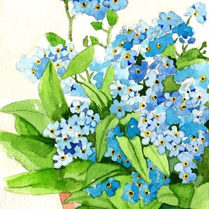May include: Watercolor painting of a bouquet of blue forget-me-nots with yellow centers and green leaves. The flowers are in a brown pot. The artist's signature is in the bottom right corner.