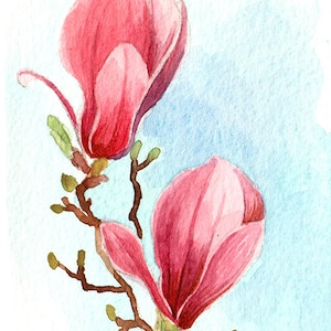Peut inclure: Peinture à l'aquarelle de deux fleurs de magnolia roses sur une branche avec des bourgeons verts sur un fond bleu clair. La signature de l'artiste, "myclenghee", est dans le coin inférieur gauche.
