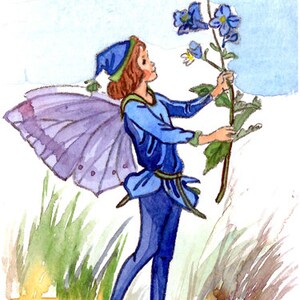 May include: A blue fairy with purple wings holds a stem of blue flowers. The fairy is wearing a blue hat and blue pants. The background is a light blue sky with white clouds.