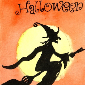 Aquarelle ACEO ORIGINAL, sorcière heureuse d'halloween, art de collection, peinture d'Halloween inspirée de l'art vintage, décoration d'Halloween, nuit effrayante