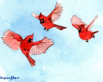 ACEO Limited Edition 1/50- Dancing in the air, Bird flight, Cardinal, Bird lovers, Gift for nature lovers, For her, Bird watercolor