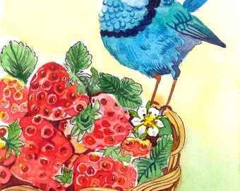 ACEO Limited Edition 1/50- Bird in strawberry basket, Blue wren, Bird art print of ACEO watercolor by Anna Lee, Gift for bird lovers