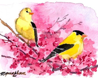 ACEO Limited Edition 5/25- Goldfinches in red, Birds in spring, Spring home decor idea, Bird art print of an original ACEO watercolor