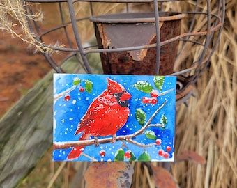 ACEO Original painting watercolor - Cardinal in snow, Winter bird watercolor, Gift for bird lover, Miniature painting, Home decor idea