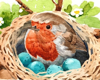 ACEO Original painting watercolor - Robin's nest, Bird in spring, Gift for bird lover, Miniature painting, Home decor idea