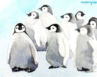 ACEO Limited Edition 2/25, Baby penguins, Gift for bird lovers, Miniature painting, Home decor idea